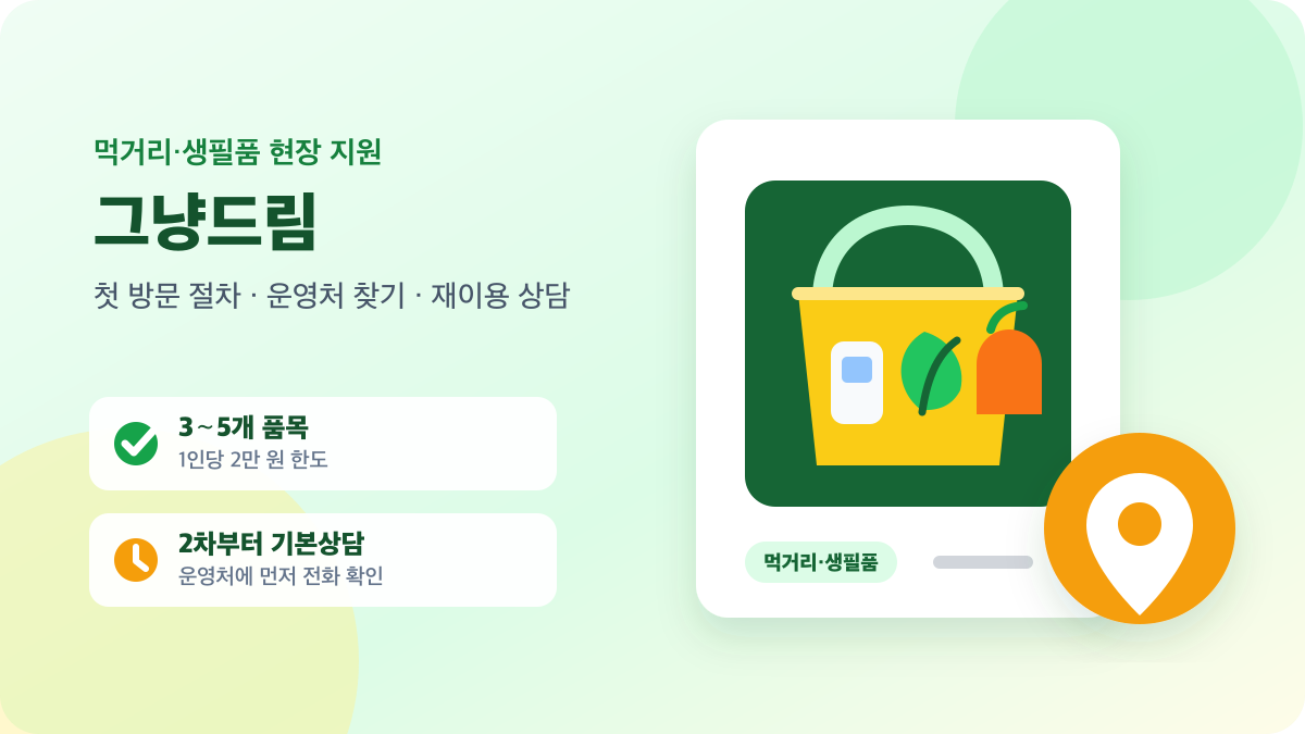 먹거리 꾸러미와 위치 표시로 그냥드림의 운영처 방문과 재이용 상담을 안내하는 대표 이미지