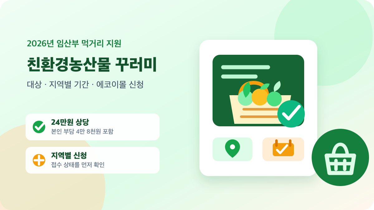2026년 임산부 친환경농산물 꾸러미 24만원 상당과 지역별 신청 방법을 안내하는 이미지